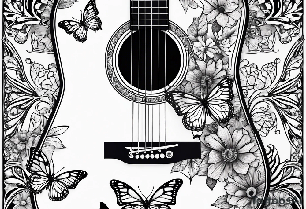 Whole electric acoustic Guitar with flowers growing off the side, butterflies tattoo idea