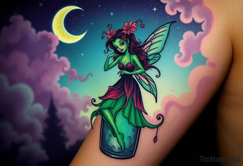 Tim Burton’s kelly doty pin up style Vintage Parisian elegant and hauntingly beautiful yet eerie full body absinthe Green Fairy dances outside her victorian crystal decatur she was once inside this elaborate ornate bottle absinthe bottle Absinthe Art Nouveau   and dripping with muted reds, dusty pinks, and eerie green glow.purple and cyan smokey clouds swirl in the crescent moonlit sky thats sprinkled with stars tattoo idea