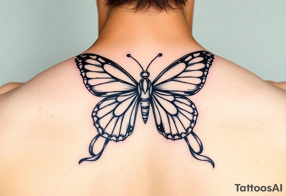 ethereal butterfly with flowing silk ribbons in moonlight tattoo idea