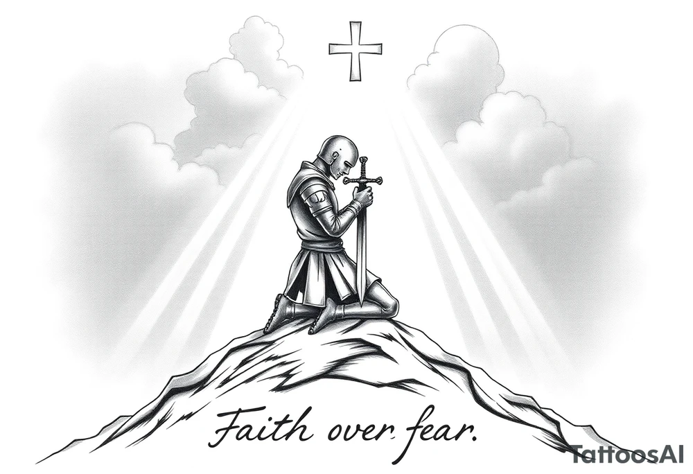 A croisades knight kneels in prayer, atop a hill, The hill is surrounded by a shadowy suggestion of a recent battle with demons.  above him the clouds part, light shining down on him like a spotlight, guiding from above.  His head bowed, sword held to his chest, hilt up, to form a cross.  Below the image a simple and tasteful hand written caption reads "Faith over fear" tattoo idea