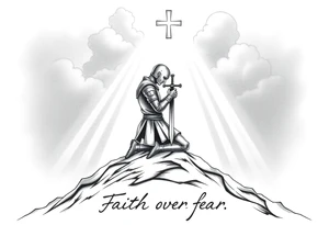 A croisades knight kneels in prayer, atop a hill, The hill is surrounded by a shadowy suggestion of a recent battle with demons.  above him the clouds part, light shining down on him like a spotlight, guiding from above.  His head bowed, sword held to his chest, hilt up, to form a cross.  Below the image a simple and tasteful hand written caption reads "Faith over fear" tattoo idea