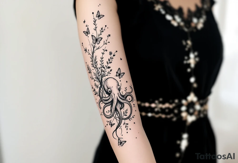 Elegant feminine full sleeve tattoo design on a woman’s arm, flowing abstract black ink lines intertwined with minimalist botanical elements — fine leaves, buds, and wildflowers. Central ornamental mandala-like symbols and geometric dotwork details. A gracefully stylized octopus with fluid tentacles wrapping subtly around the design, integrated with delicate butterflies fluttering around the composition. The butterflies are light, airy, and minimal, matching the fine-line style. Tattoo art style: modern minimalist, fine line, ornamental and botanical tattoo with surreal natural touches. Black ink only, soft feminine aesthetic tattoo idea