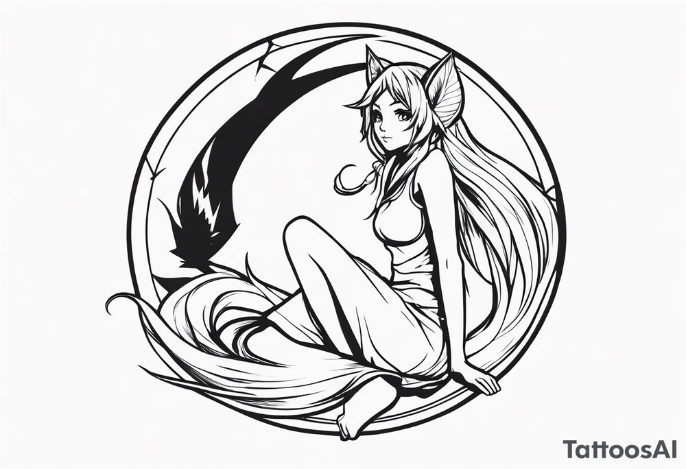 No color sketch of a fairy with a tail inspired by the guild symbol in the anime show called Fairy Tail in a fetal position leaning in and forward while crawled in tattoo idea