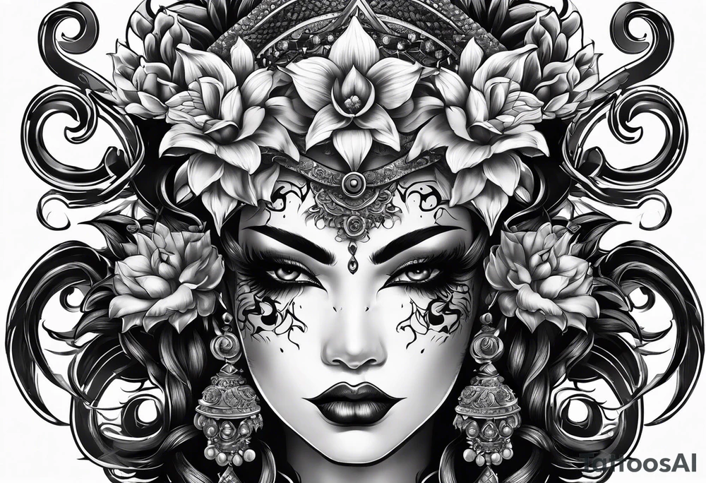 Um gueixa com máscara oni segurando um leque tattoo idea