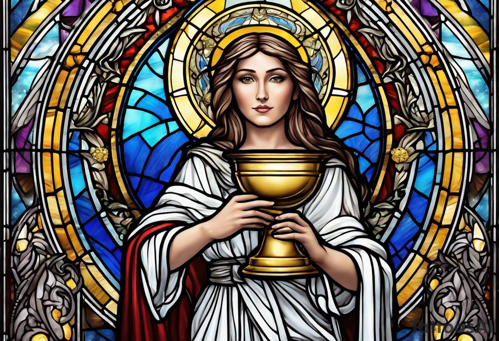 holy saint woman with halo stained glass holding a chalice with artillery tattoo idea