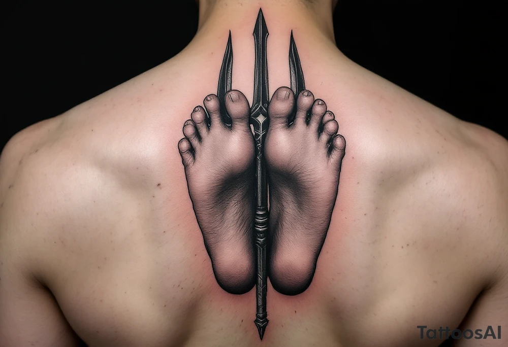 barefeet behind trident tattoo idea