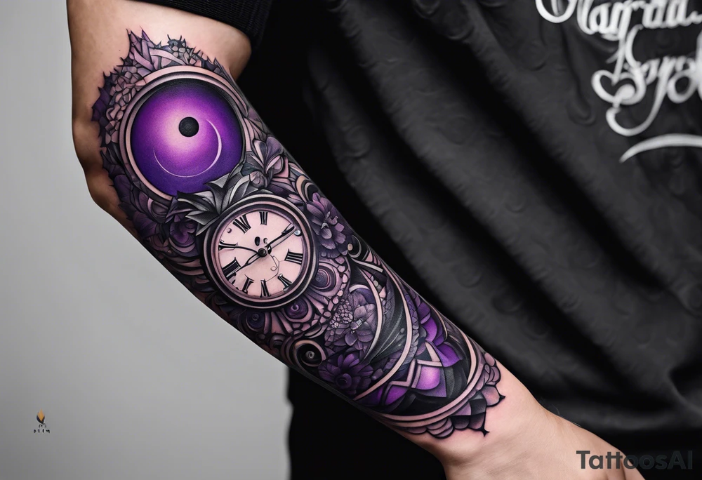 lines around wrist, abstract, black and purple, covered from wrist to forearm, fully covered, no borders, blackwork, no faces tattoo idea