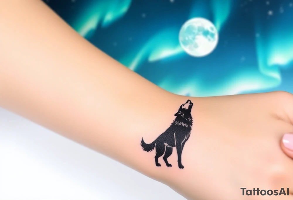 lone wolf howling at full moon with northern lights backdrop tattoo idea