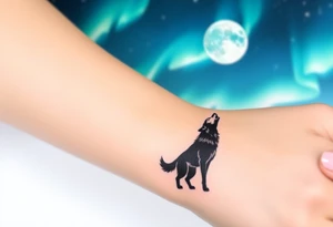 lone wolf howling at full moon with northern lights backdrop tattoo idea