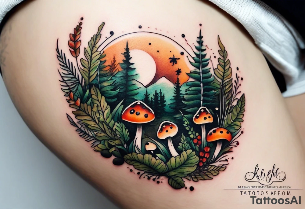 minimalistic forest floor inspired tattoo, which includes grass, moss, curly ferns and dead leaves as the bulk of the tattoo. details to include: forest berries, couple of very small brown mushrooms, a tiny bumblebee flying nearby tattoo idea