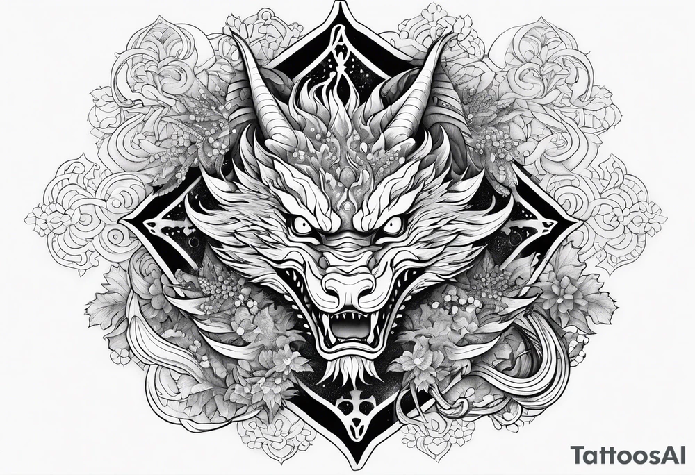 japanese dragon, celestial, cross, snowflake tattoo idea