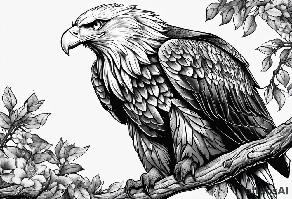 Bold eagle perched on branch tattoo idea