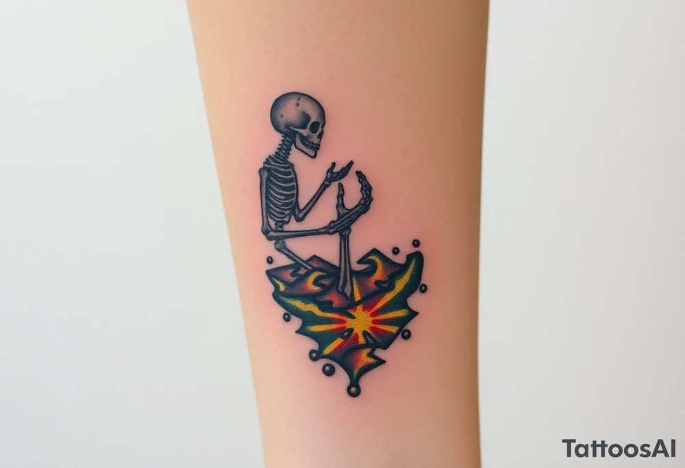 Skeleton reaching out towards a bright light but is stuck in a sludge tattoo idea