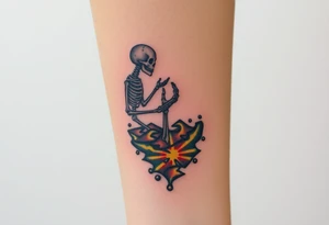 Skeleton reaching out towards a bright light but is stuck in a sludge tattoo idea