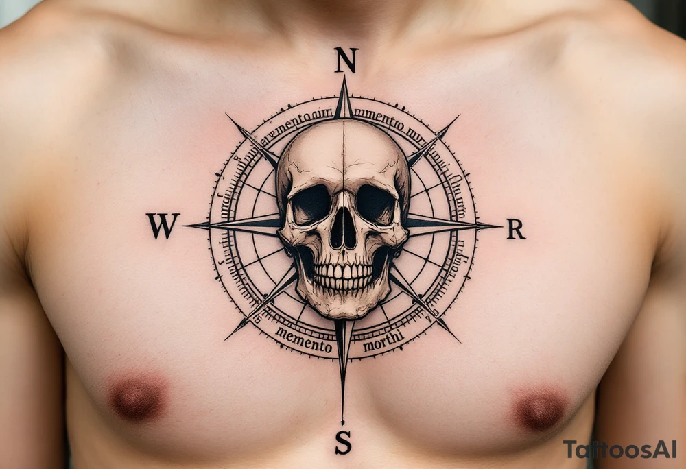 A muted sepia compass pointing to a skull instead of north, with "memento mori" curving around the outer ring. tattoo idea