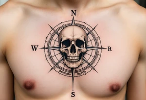 A muted sepia compass pointing to a skull instead of north, with "memento mori" curving around the outer ring. tattoo idea