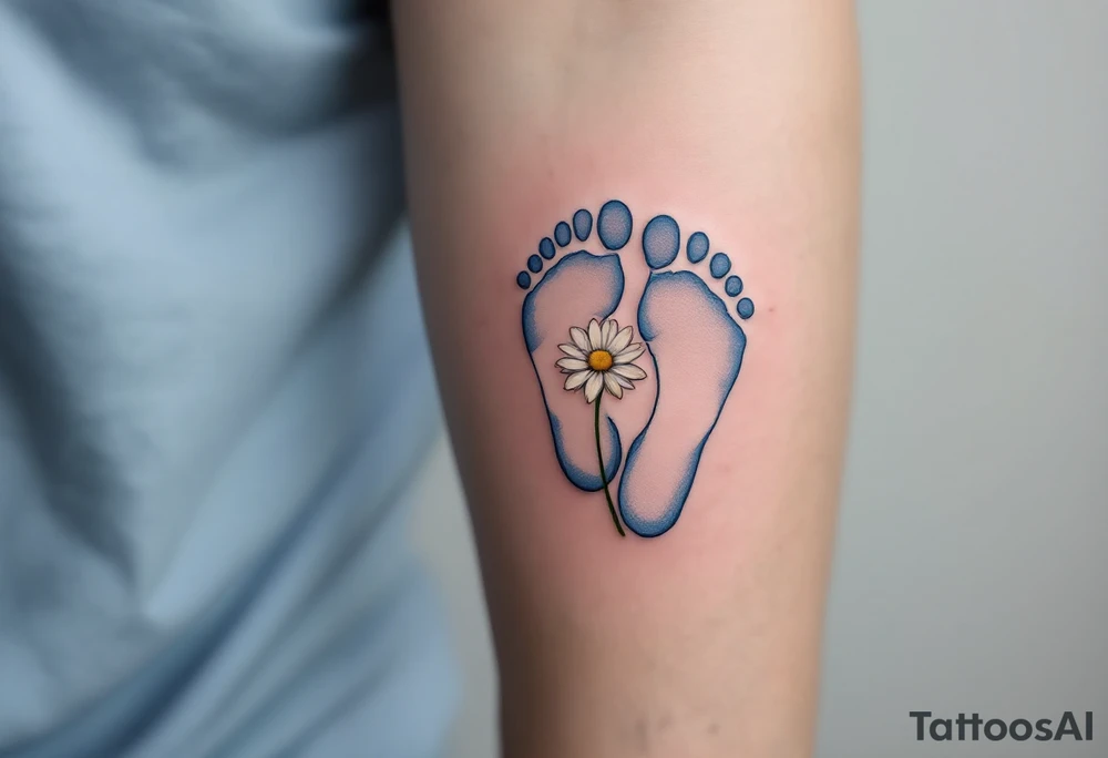 Light blue and soft gray footprints of Jakub, encircled by a small, blooming daisy to signify his pure and gentle spirit. tattoo idea