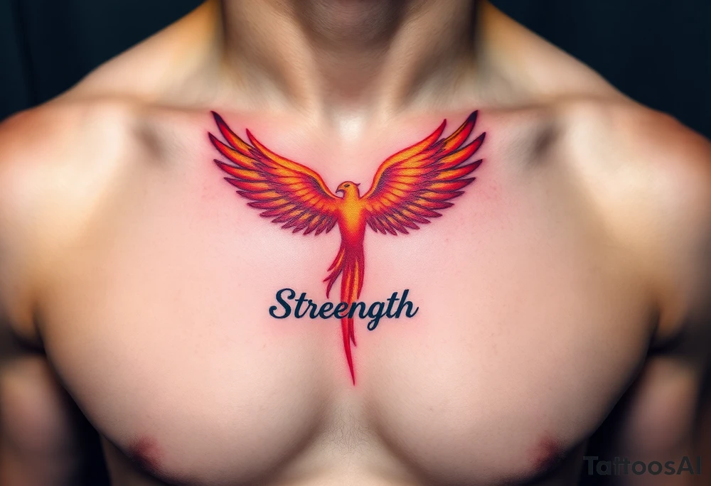 A golden phoenix feather with a fiery red glow, featuring the word "Strength", symbolizing resilience and passion in love tattoo idea