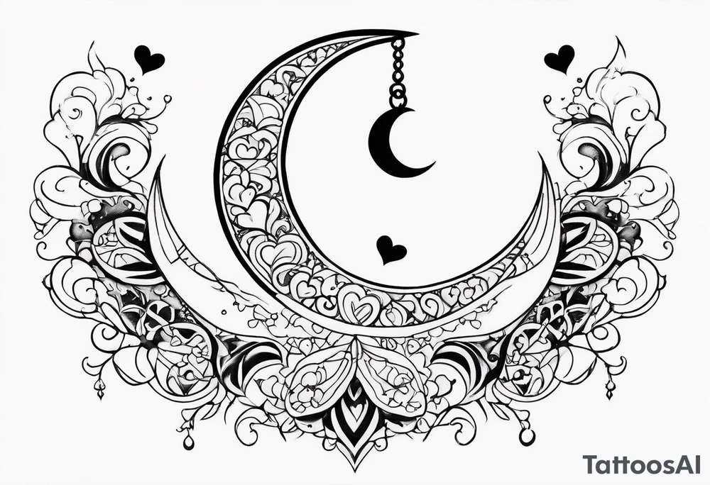 Crescent moon with hearts dangling from the bottom of it tattoo idea Crescent moon with hearts dangling from the bottom of it tattoo idea
