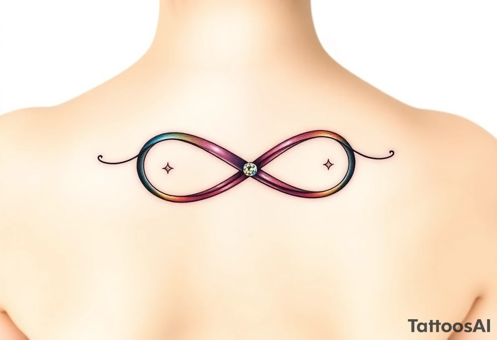 an infinity symbol with 5 colors of ribbons 3 march birthstone color, 1 october birthstone color, and 1 july birthstone color tattoo idea