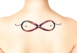 an infinity symbol with 5 colors of ribbons 3 march birthstone color, 1 october birthstone color, and 1 july birthstone color tattoo idea