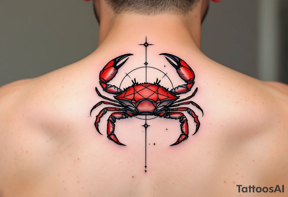 Black-inked Cancer star constellation lines dance above a crimson crab, symbolizing strength and intuition. tattoo idea