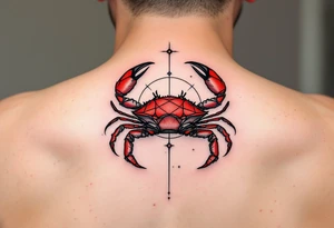 Black-inked Cancer star constellation lines dance above a crimson crab, symbolizing strength and intuition. tattoo idea