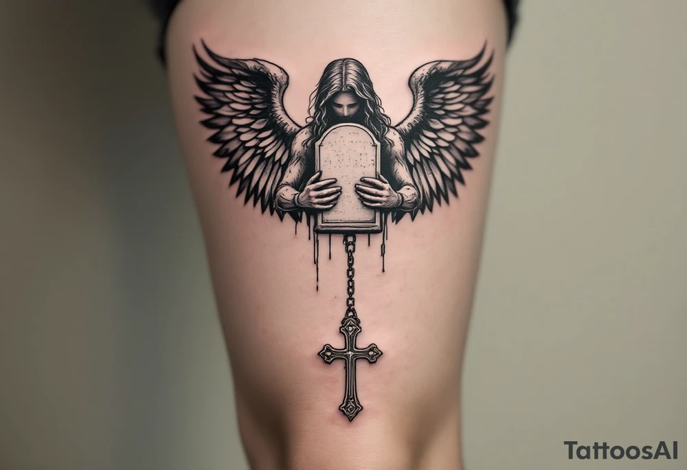 Angel hold headstone in hands with a cross chain hanging down with large wings tattoo idea