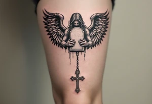 Angel hold headstone in hands with a cross chain hanging down with large wings tattoo idea