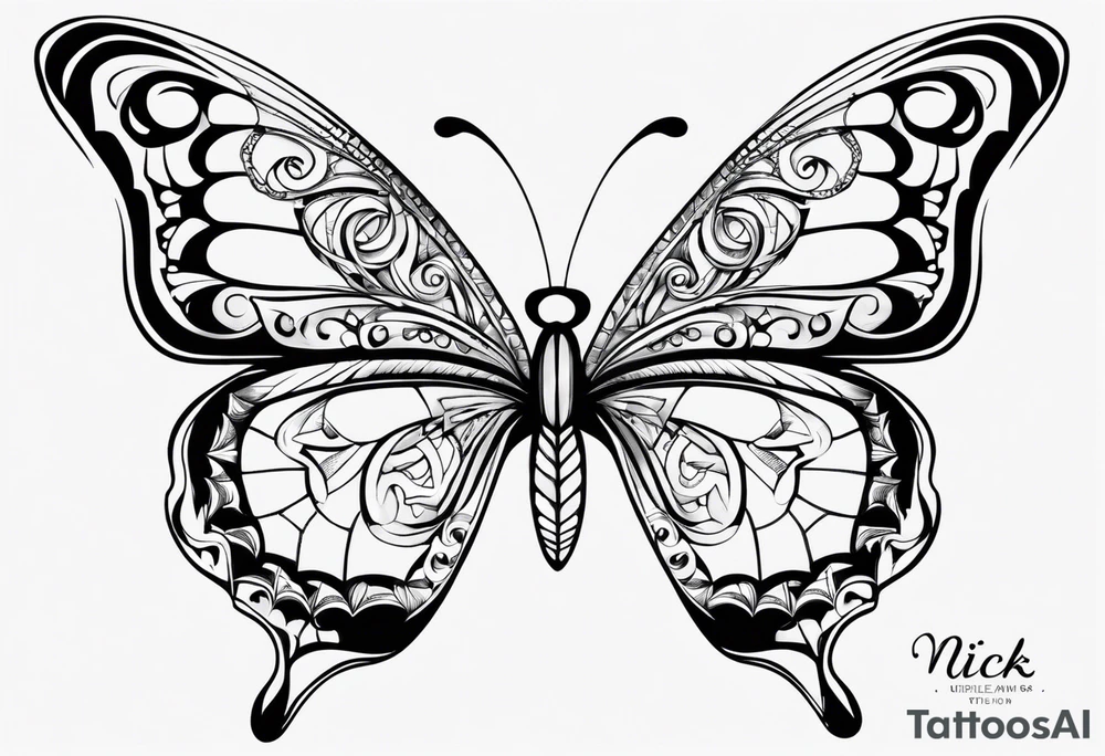 A lower back butterfly tatoo with the name nick below the butterfly tattoo idea