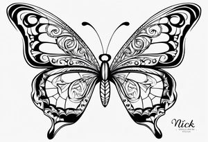 A lower back butterfly tatoo with the name nick below the butterfly tattoo idea