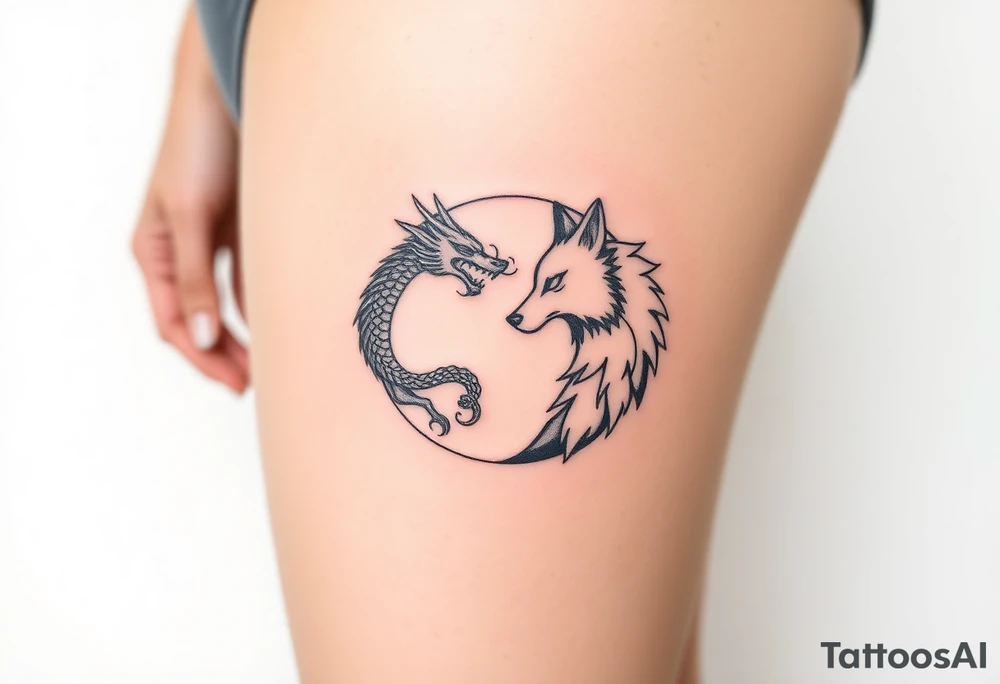 Ying yang symbol with one side a dragon and one side a wolf tattoo idea