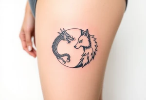 Ying yang symbol with one side a dragon and one side a wolf tattoo idea