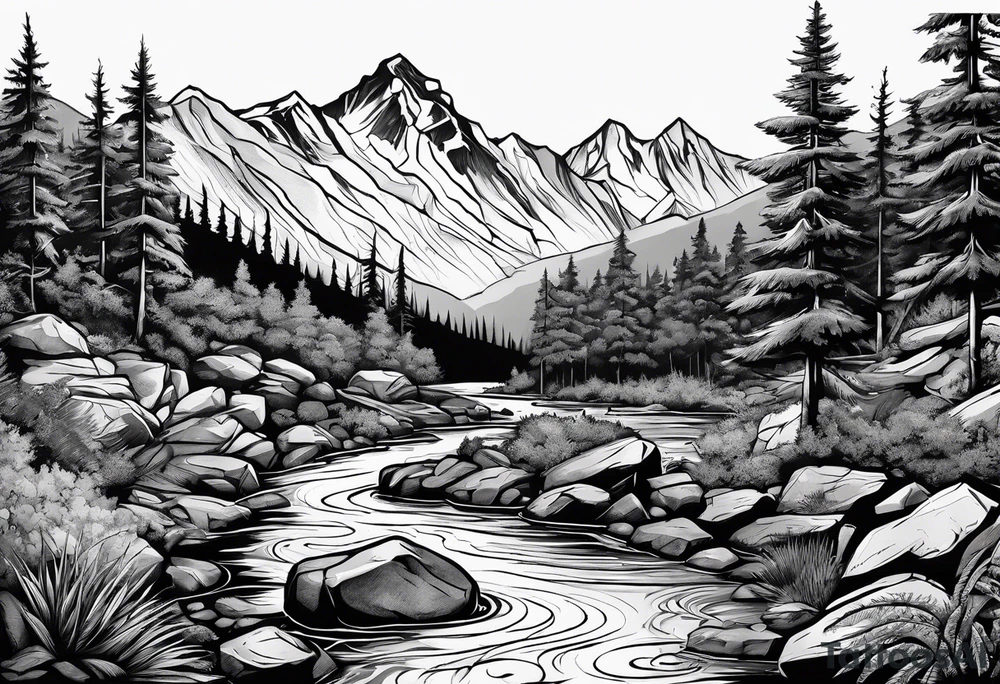 forrest 
river running through rocks and mountains 
open
compass tattoo idea