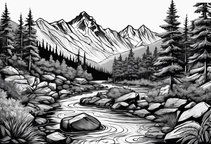 forrest 
river running through rocks and mountains 
open
compass tattoo idea