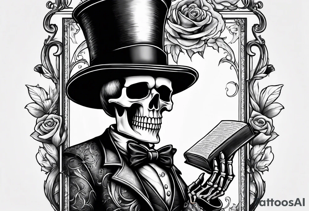 skeleton wearing a top hat holding a bible tattoo idea