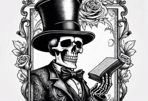 skeleton wearing a top hat holding a bible tattoo idea