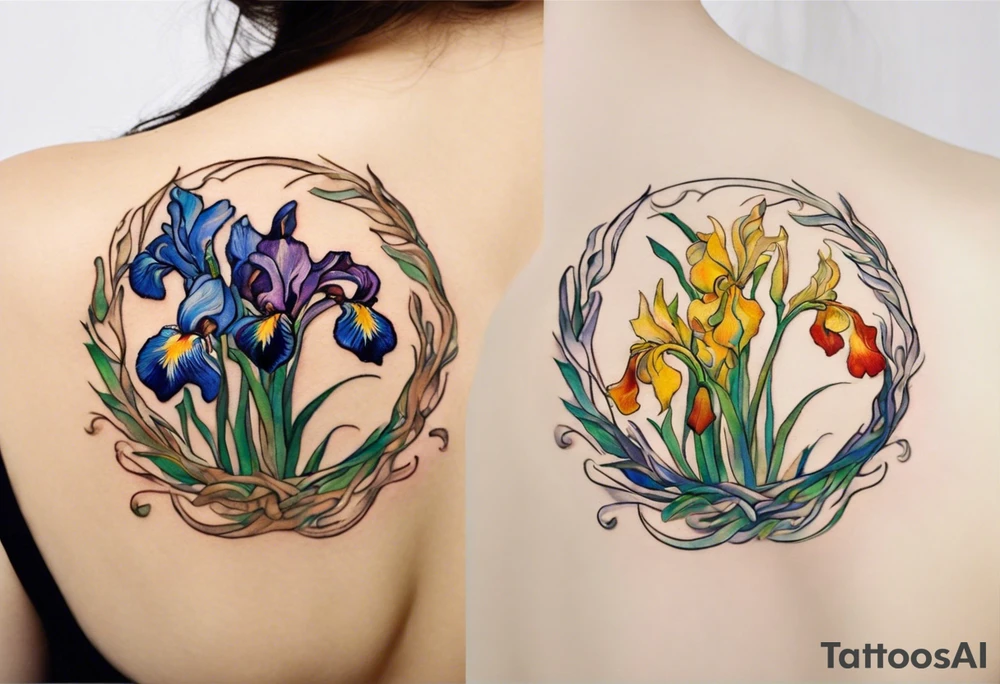 Create a small colorful Vincent van Gogh Irises tattoo in the form of a crescent, with vines gracefully intertwining at a central point in the middle of the wreath. The intended placement is on the upper chest. The overall design should be small in size while maintaining a delicate and artistic aesthetic. Pay attention to the graceful flow of the vines and the placement of the irises to achieve a refined and elegant look. tattoo idea