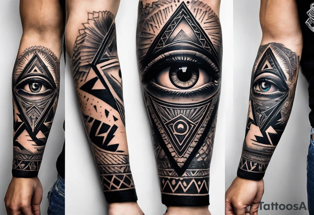 A full tattoo sleeve designed with a bold and masculine aesthetic, featuring a striking centerpiece of a detailed eye inside an equilateral triangle, symbolizing the all-seeing eye or third eye. The eye is intricately rendered to convey depth and insight, while the equilateral triangle, with its perfectly balanced angles, enhances the symbolism of enlightenment and perception. Surrounding this central motif, incorporate roses and leaves, depicted with strong lines and rich detail. The roses symbolize beauty and resilience, while the leaves add a touch of natural elegance. These floral elements are integrated into an ordered geometric pattern that complements and frames the eye and triangle. The geometric patterns, characterized by clean, precise lines, create a structured contrast with the organic shapes of the roses and leaves. The design features deep shading and strong contrasts to highlight the details and create a powerful, masculine look. The overall effect is a harmonious blend of symbolic and aesthetic elements, resulting in a compelling and balanced tattoo sleeve. tattoo idea