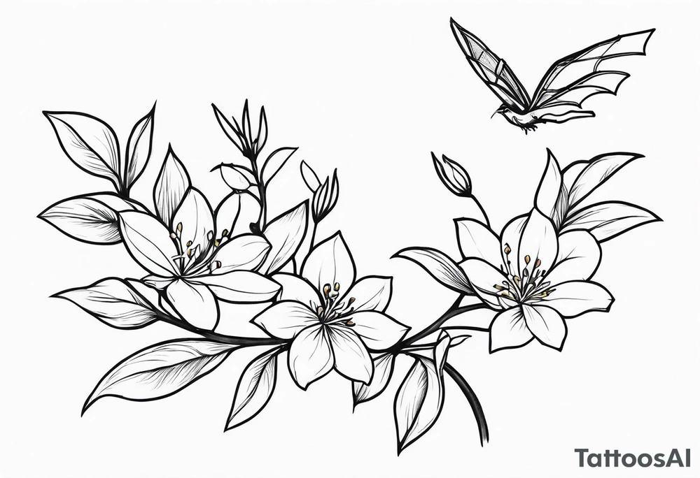 Shoulder and collarbone tattoo of a vibe of night-blooming Jasmine with a bat hanging from one of the stems tattoo idea