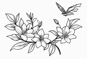 Shoulder and collarbone tattoo of a vibe of night-blooming Jasmine with a bat hanging from one of the stems tattoo idea
