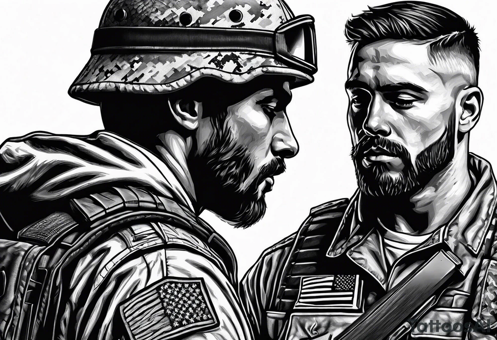 A modern soldier face to face with death with Jesus over the soldier’s shoulder tattoo idea