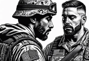 A modern soldier face to face with death with Jesus over the soldier’s shoulder tattoo idea