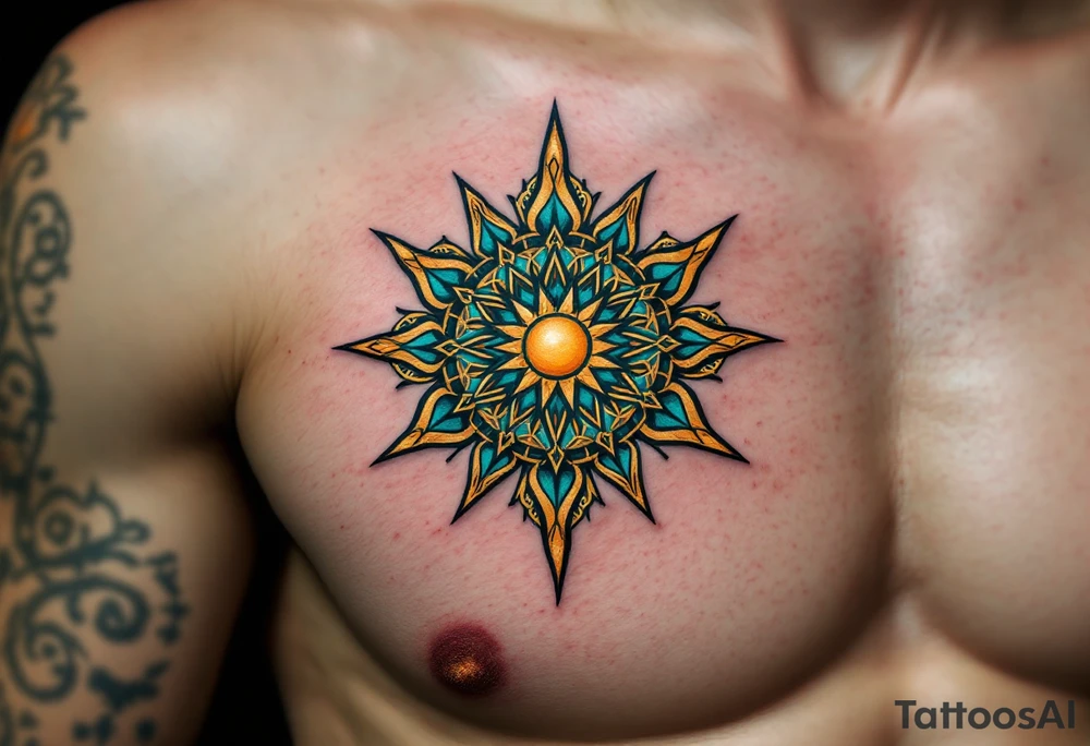 A vibrant Celtic sun tattoo in teal and gold symbolizes harmony and light at the center of the chest. tattoo idea