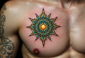 A vibrant Celtic sun tattoo in teal and gold symbolizes harmony and light at the center of the chest. tattoo idea