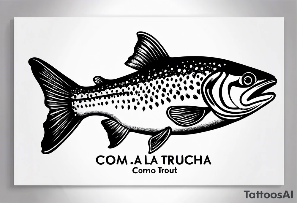 A shaded trout with text that says, 'Como la trucha...' tattoo idea