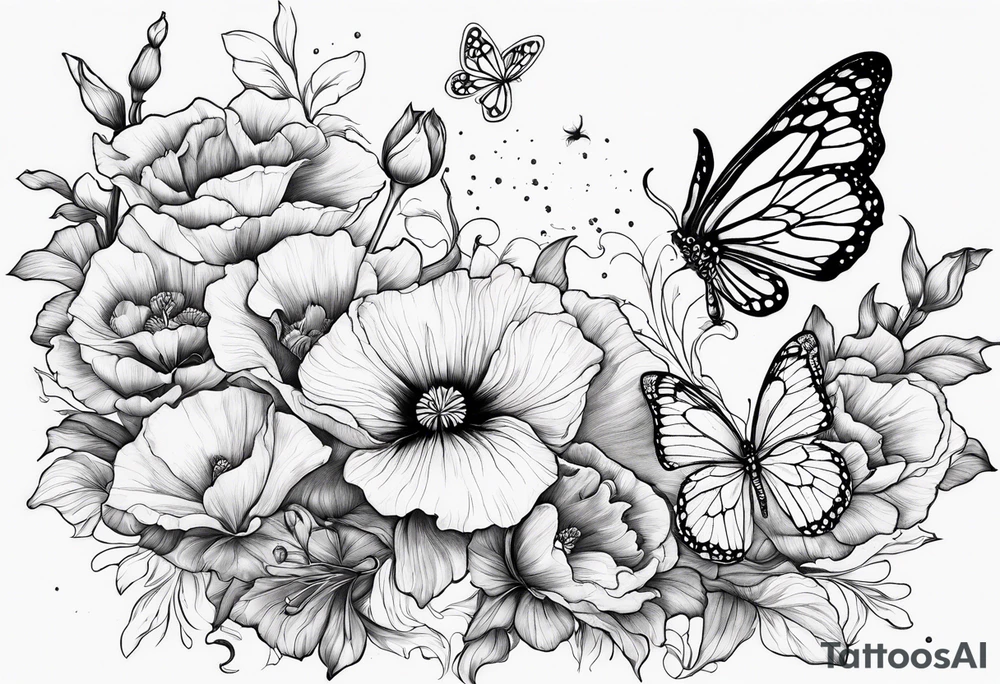 Poppy, gladiolus, butterflies, Leo starsign tattoo idea