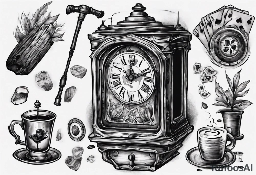 mounting landscape.
In a middle an antique clock at 9:44pm. across the tattoo a cinema film. game of poker 4 cards. a old walking stick and 
Italian Mokka coffee maker. tattoo idea