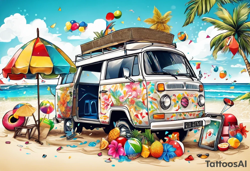 SURFING SAFARI BEACH PARTY WITH CONFETTI AND MUSIC NOTES, TROPICAL DRINKS, SEXY BIKINIS tattoo idea