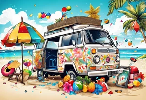 SURFING SAFARI BEACH PARTY WITH CONFETTI AND MUSIC NOTES, TROPICAL DRINKS, SEXY BIKINIS tattoo idea
